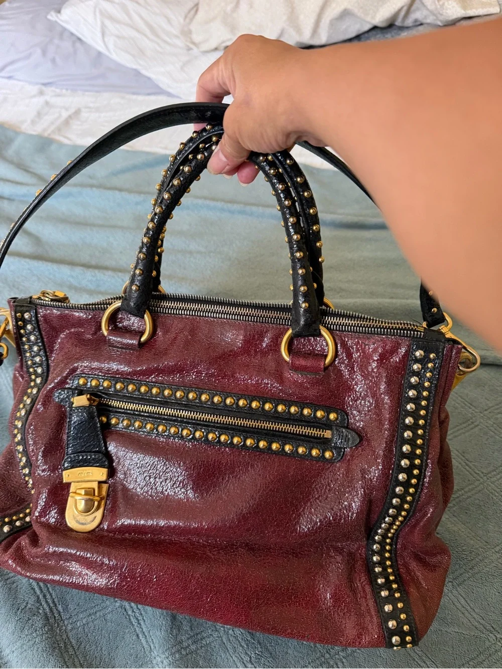 Prada Burgundy and Black Studded Leather Satchel in Distress leather